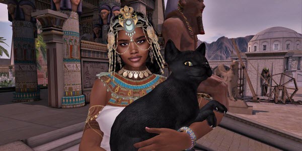 Cleopatra holding black cat Bastet